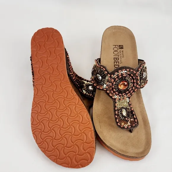White Mountain  Blast Leather Brown Beaded Sequin Wedge Sandals