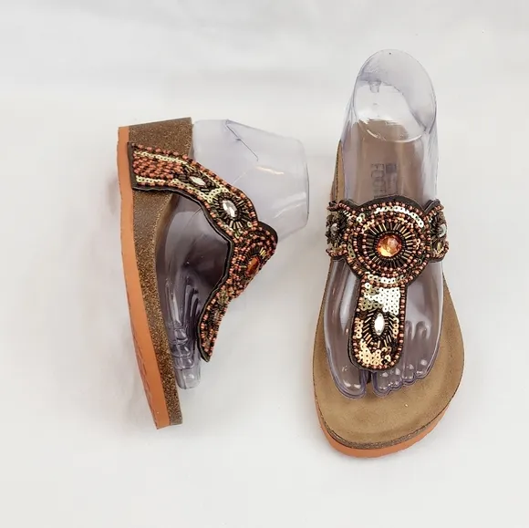 White Mountain  Blast Leather Brown Beaded Sequin Wedge Sandals
