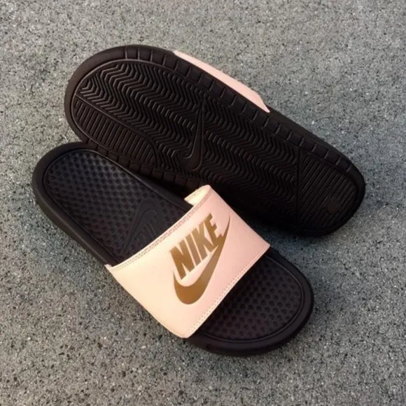 WMNS NIKE BENASSI SLIDE PINK DARK BROWN GOLD FLIP FLOP JUST DO IT JDI