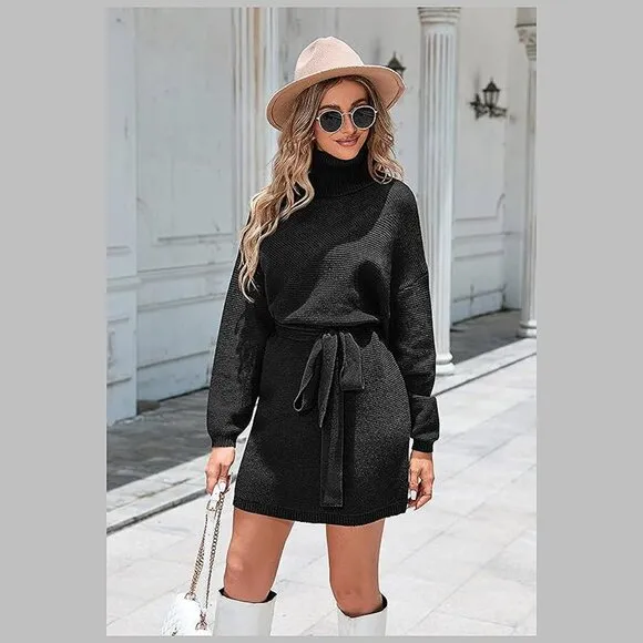 Women's 2024 Fall Sweater Dresses Turtleneck Batwing Black