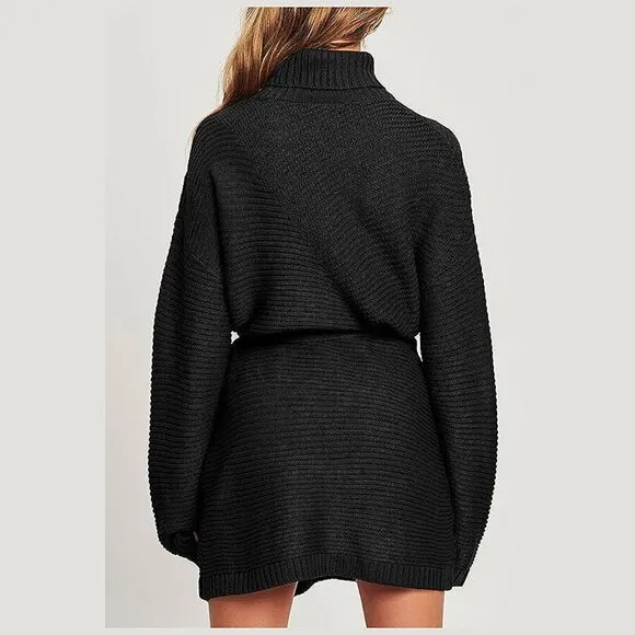 Women's 2024 Fall Sweater Dresses Turtleneck Batwing Black