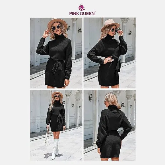 Women's 2024 Fall Sweater Dresses Turtleneck Batwing Black