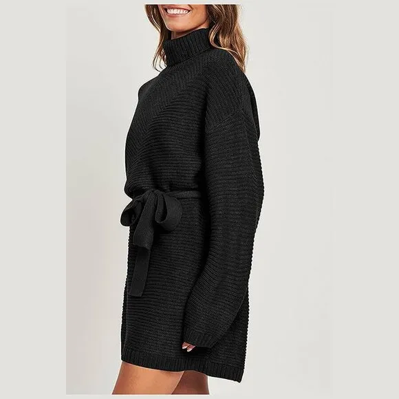 Women's 2024 Fall Sweater Dresses Turtleneck Batwing Black