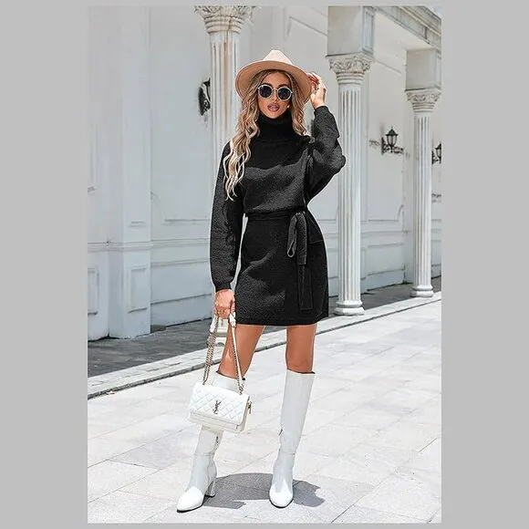 Women's 2024 Fall Sweater Dresses Turtleneck Batwing Black