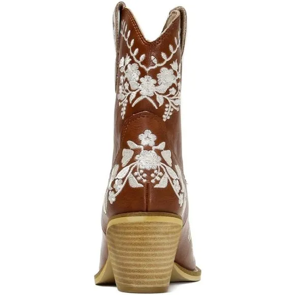 Women's Brown Leather Embroidery Block Heel Cowboy Snip Toe Ankle Boots