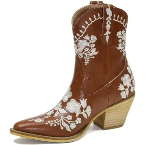 Women's Brown Leather Embroidery Block Heel Cowboy Snip Toe Ankle Boots