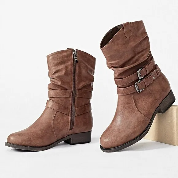 Women's Cowboy Calf Side zipper Low Heel Mid Calf Fashion Western Boots.