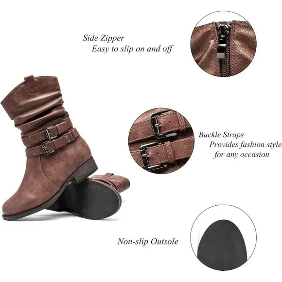 Women's Cowboy Calf Side zipper Low Heel Mid Calf Fashion Western Boots.
