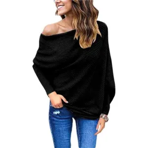 Women's Off Shoulder Batwing Sleeve Loose Pullover Sweater Tunic Top Black