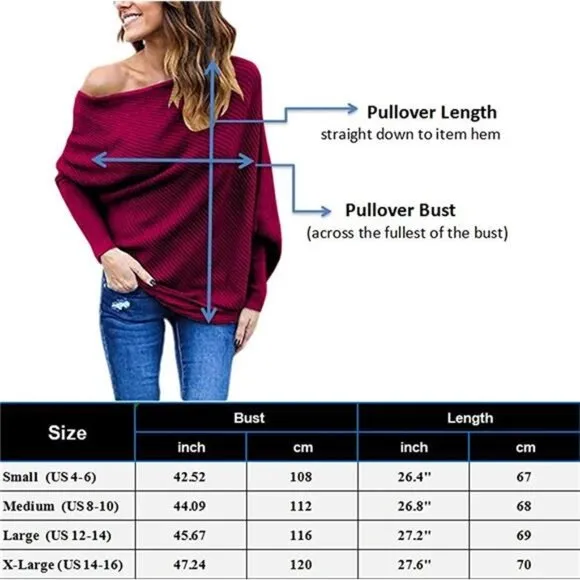 Women's Off Shoulder Batwing Sleeve Loose Pullover Sweater Tunic Top Black