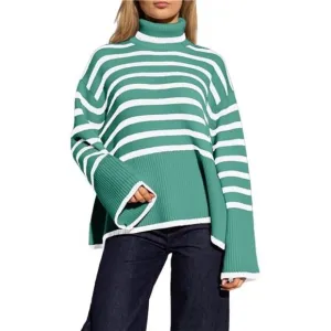 Women's Striped Turtleneck Sweater Long Light Green