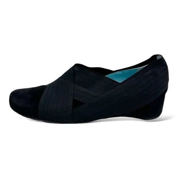 Women’s THIERRY RABOTIN Black Suede Cross Over Ribbon Wedge Shoes, Size 40 9.5US