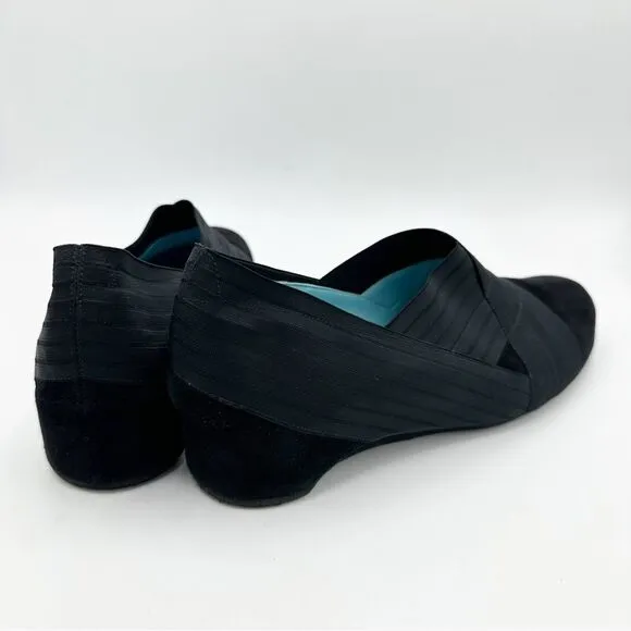 Women’s THIERRY RABOTIN Black Suede Cross Over Ribbon Wedge Shoes, Size 40 9.5US