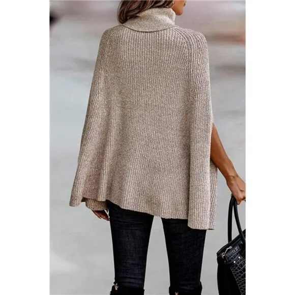 Women's Turtleneck Poncho Sweater Knit Cape Wrap Pullover - Light Apricot