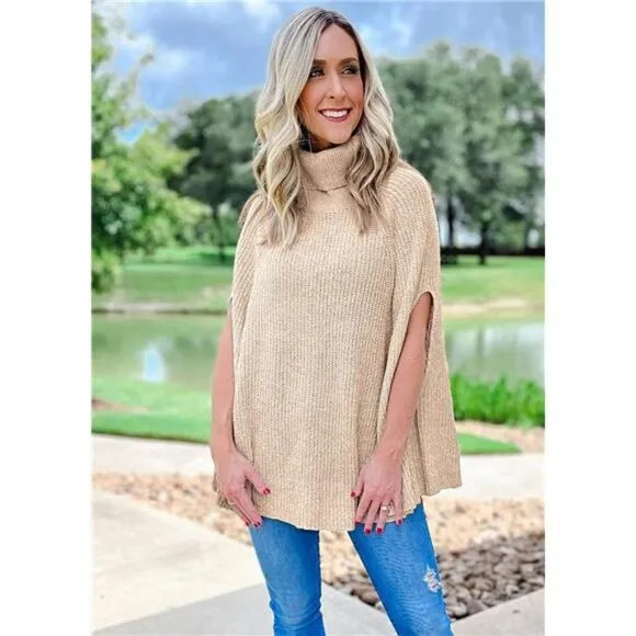 Women's Turtleneck Poncho Sweater Knit Cape Wrap Pullover - Light Apricot