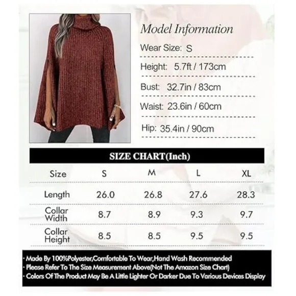 Women's Turtleneck Poncho Sweater Knit Cape Wrap Pullover - Light Apricot