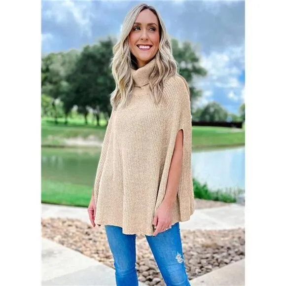 Women's Turtleneck Poncho Sweater Knit Cape Wrap Pullover - Light Apricot