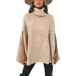 Women's Turtleneck Poncho Sweater Knit Cape Wrap Pullover - Light Apricot