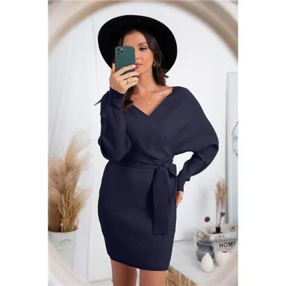 Women's V Neck Batwing Long Sleeve Sexy Navy Blue