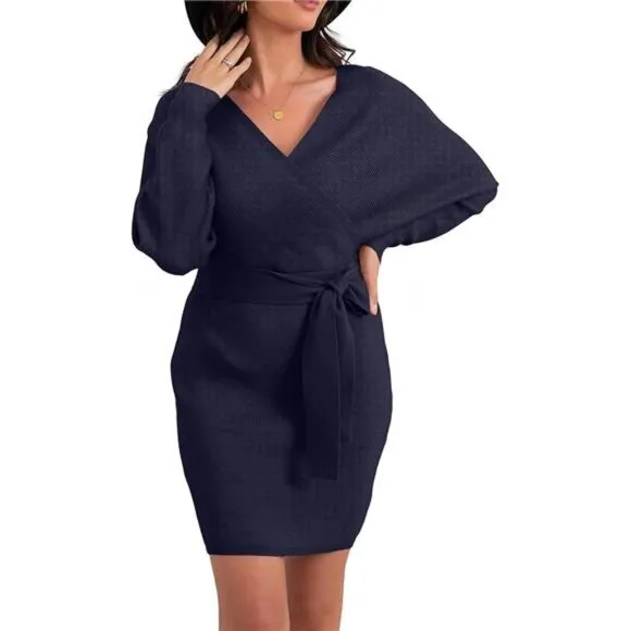 Women's V Neck Batwing Long Sleeve Sexy Navy Blue