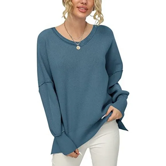 Women's V Neck Long Sleeve Pullover Sweater Top, Blue