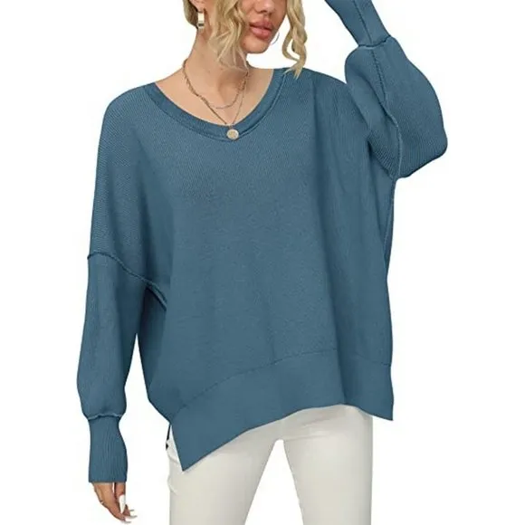 Women's V Neck Long Sleeve Pullover Sweater Top, Blue