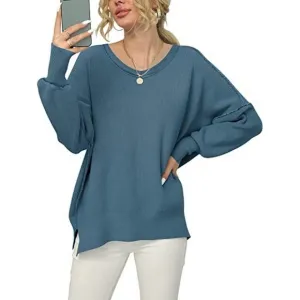 Women's V Neck Long Sleeve Pullover Sweater Top, Blue