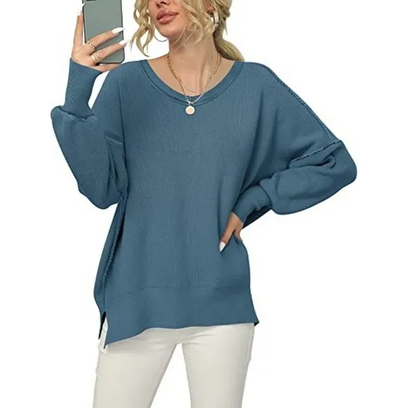 Women's V Neck Long Sleeve Pullover Sweater Top, Blue