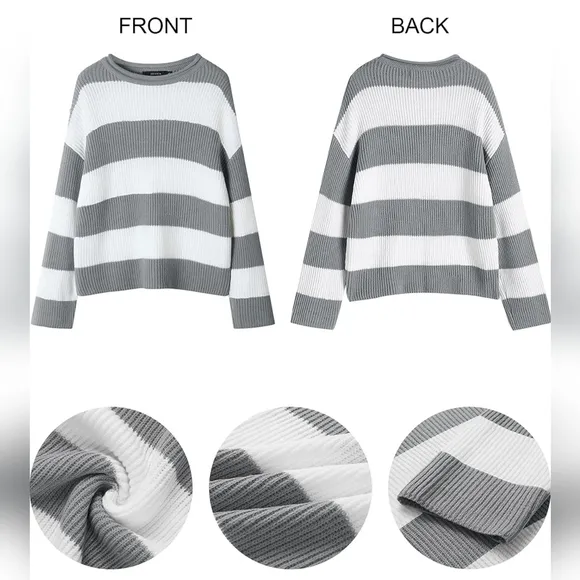 Women's White Grey Colorblock Striped Comfy Oversized Long Sleeve Sweater
