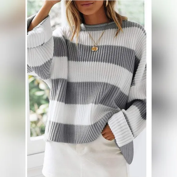 Women's White Grey Colorblock Striped Comfy Oversized Long Sleeve Sweater