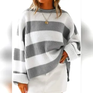 Women's White Grey Colorblock Striped Comfy Oversized Long Sleeve Sweater