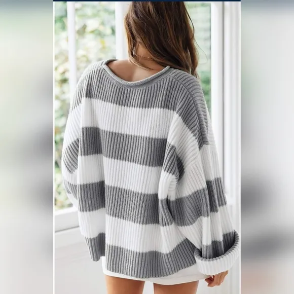 Women's White Grey Colorblock Striped Comfy Oversized Long Sleeve Sweater