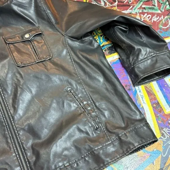 Y2K Arizona Vegan Leather Jacket with Hoodie - 4XL - Black Faux Leather