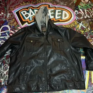 Y2K Arizona Vegan Leather Jacket with Hoodie - 4XL - Black Faux Leather