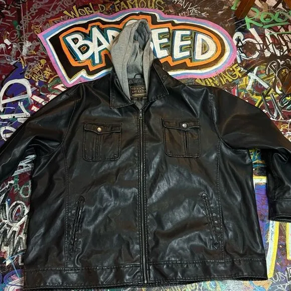 Y2K Arizona Vegan Leather Jacket with Hoodie - 4XL - Black Faux Leather