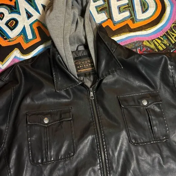 Y2K Arizona Vegan Leather Jacket with Hoodie - 4XL - Black Faux Leather
