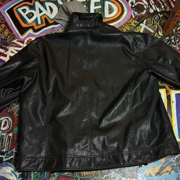 Y2K Arizona Vegan Leather Jacket with Hoodie - 4XL - Black Faux Leather