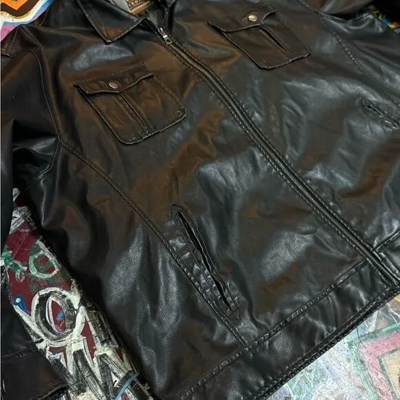 Y2K Arizona Vegan Leather Jacket with Hoodie - 4XL - Black Faux Leather