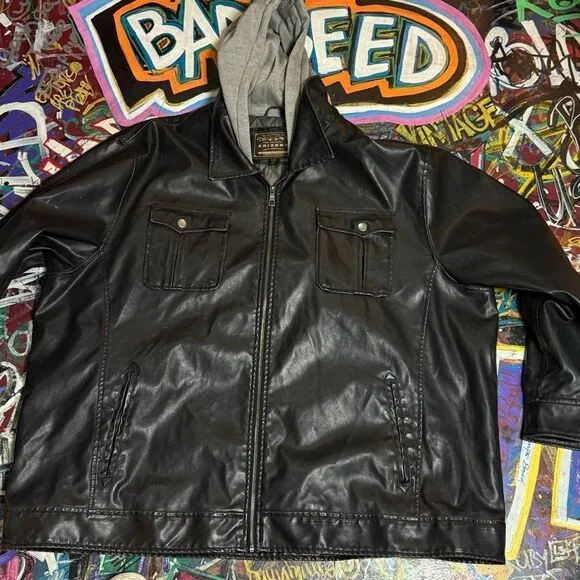 Y2K Arizona Vegan Leather Jacket with Hoodie - 4XL - Black Faux Leather