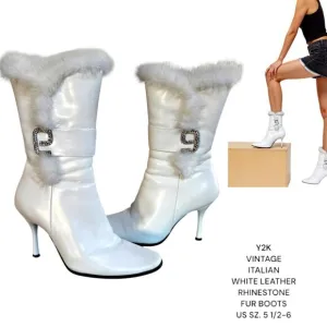 Y2K WHITE LEATHER ITALIAN FUR RHINESTONE ZIP UP BOOTS SZ. 5.5-6