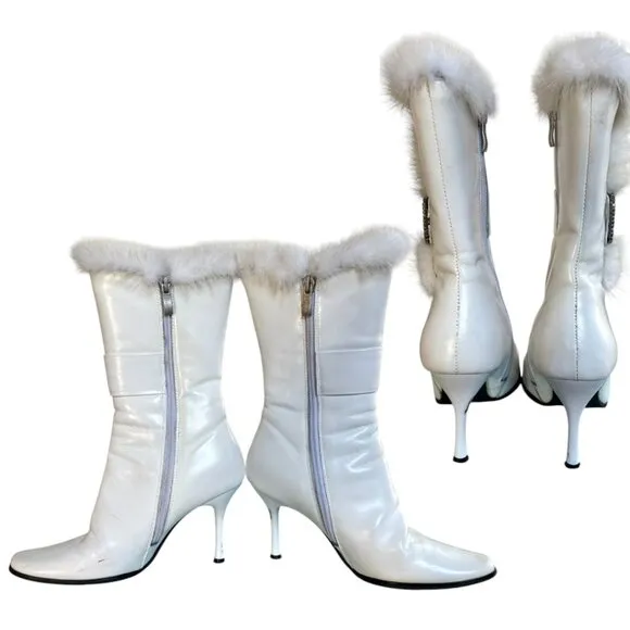 Y2K WHITE LEATHER ITALIAN FUR RHINESTONE ZIP UP BOOTS SZ. 5.5-6