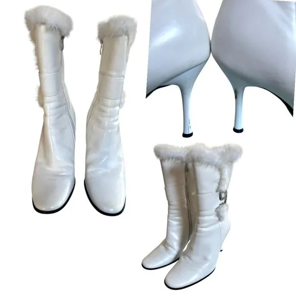 Y2K WHITE LEATHER ITALIAN FUR RHINESTONE ZIP UP BOOTS SZ. 5.5-6