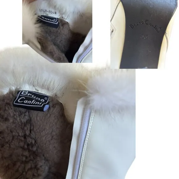 Y2K WHITE LEATHER ITALIAN FUR RHINESTONE ZIP UP BOOTS SZ. 5.5-6