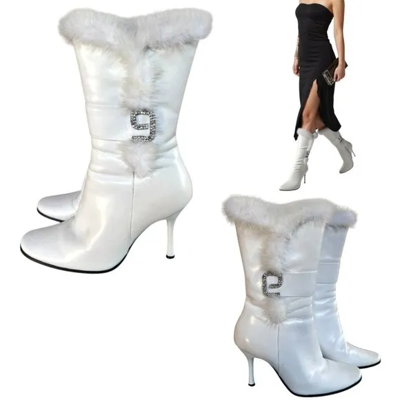Y2K WHITE LEATHER ITALIAN FUR RHINESTONE ZIP UP BOOTS SZ. 5.5-6
