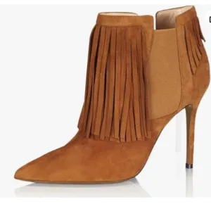 YDN Women Stiletto High Heel Tassels Ankle Boots Pointed Toe Elastic ,Suede Boot