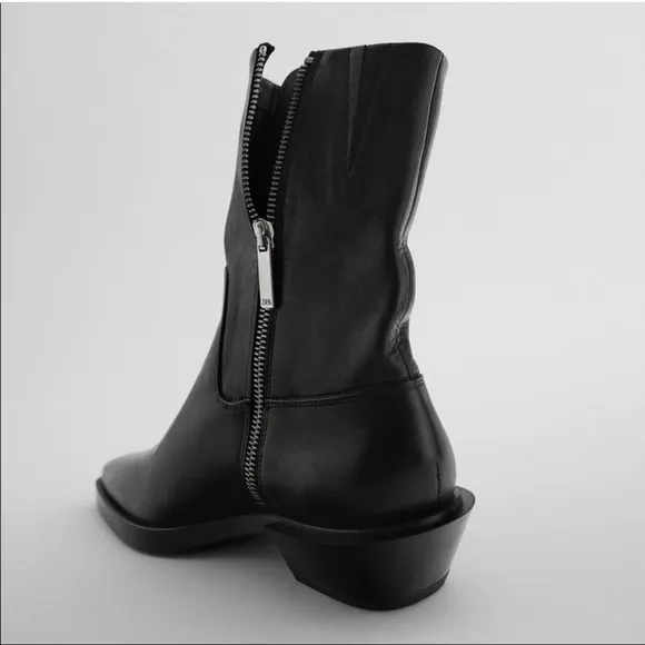 Zara Black Leather Cowboy Styling Ankle Boots size 6