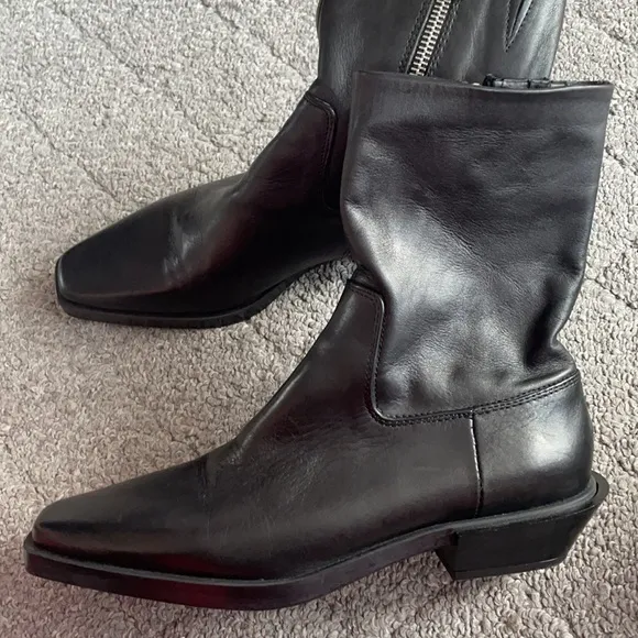 Zara Black Leather Cowboy Styling Ankle Boots size 6