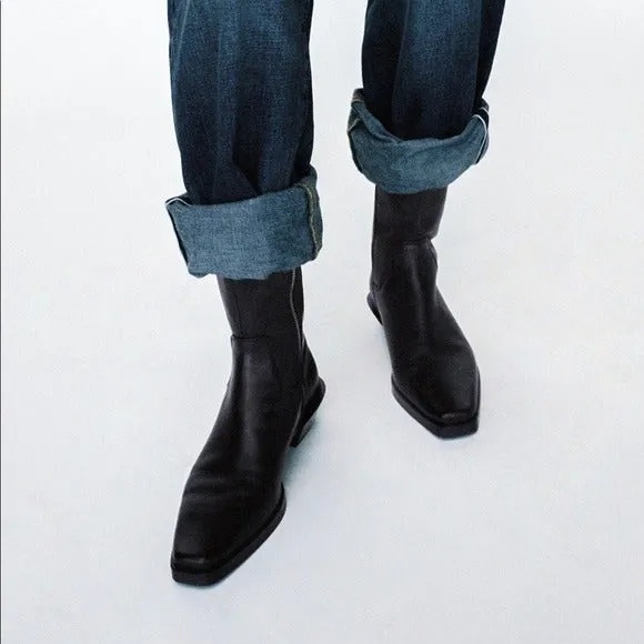 Zara Black Leather Cowboy Styling Ankle Boots size 6