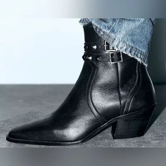 Zara Black Leather Strap Cowboy Comfortable Block Heel Ankle Boots Size 10