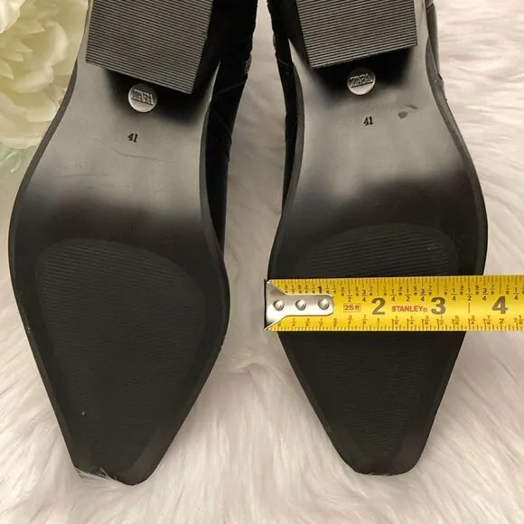 Zara Black Leather Strap Cowboy Comfortable Block Heel Ankle Boots Size 10